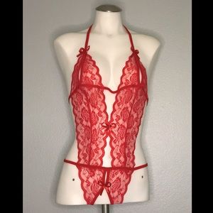 Red open crotch lingerie one piece